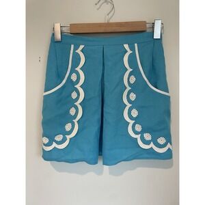 Vintage Cooking Apron Teal Blue Scallop Trim Pockets Pleated‎ Apron Tie Around